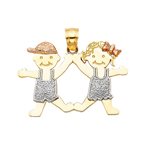 14K Tri Color Gold Girl & Boy Pendant
